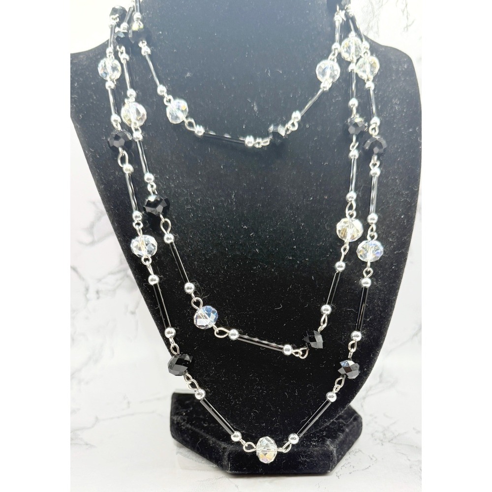 Long Black & Clear Faceted Bead Necklace 59 Inch No Clasp